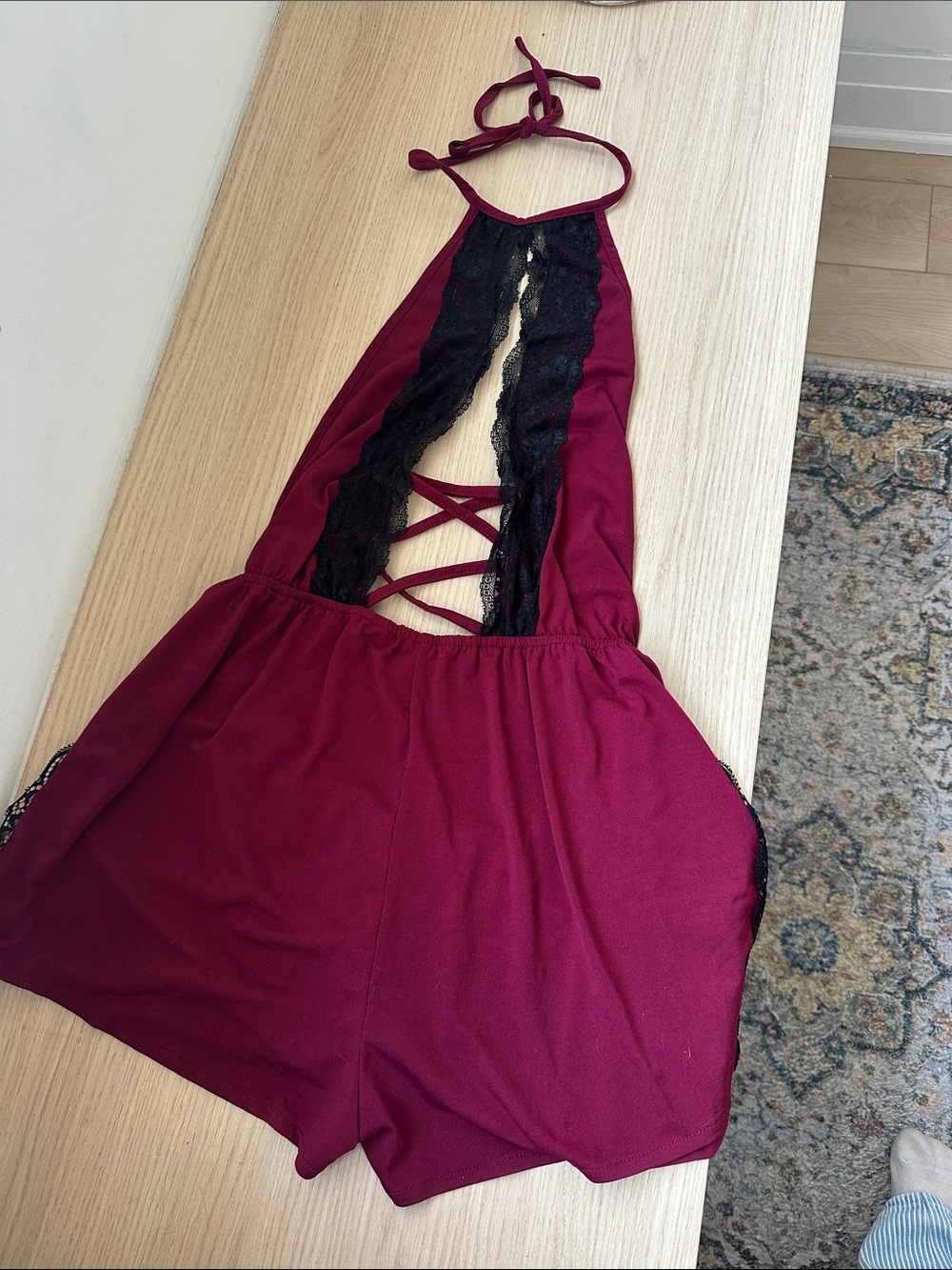 Burgundy Halter Lace-Trim Chemise Romper